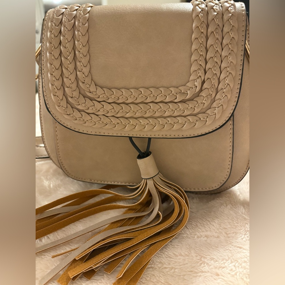Beige Crossbody Bag with Tassels